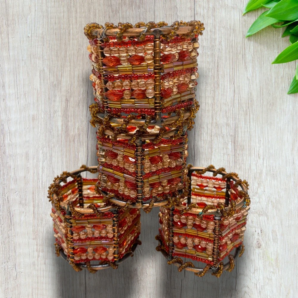 NEW Lot 4 x Pier 1 Moroccan Beaded Napkin Rings Copper Earth Tones Boho Boxed